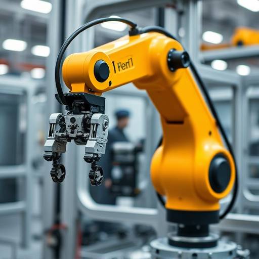 Ein Roboterarm, der Pr&radic;&sect;zisionsarbeit in einer Fabrik leistet