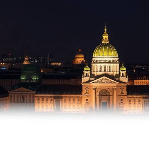 Ein Stadtbild von Wien bei Nacht, mit leuchtenden Lichtern und dem Stephansdom im Hintergrund.