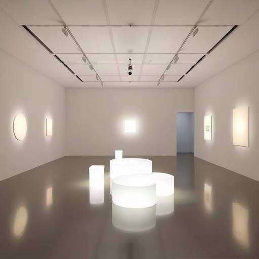 Eine moderne Kunstinstallation mit Lichtskulpturen in einem minimalistischen Raum.