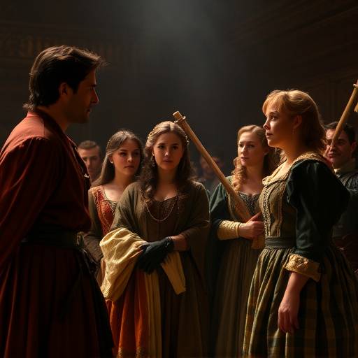 Eine Szene aus einem Film mit einer dramatischen Beleuchtung und Darstellern in historischen Kost&uuml;men.