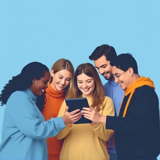 Illustration, die verschiedene Menschen zeigt, die gemeinsam auf einem digitalen Ger&auml;t interagieren, um Barrierefreiheit zu symbolisieren.