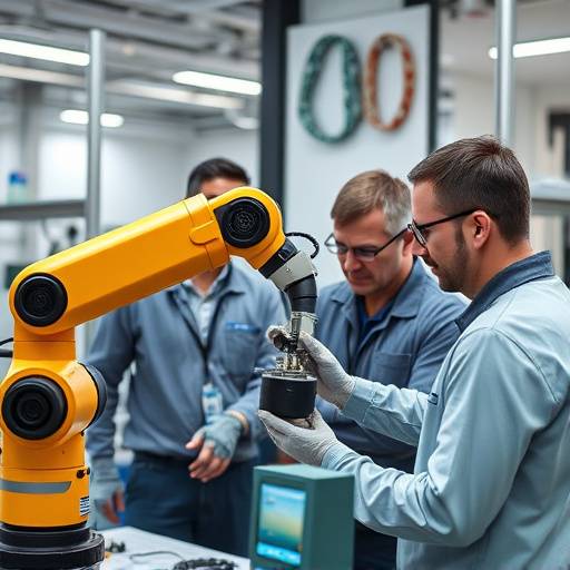 Ingenieure arbeiten an einem modernen Roboterarm in einem Labor