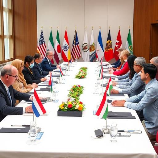 Vertreter verschiedener Nationen am Tisch einer internationalen Konferenz.